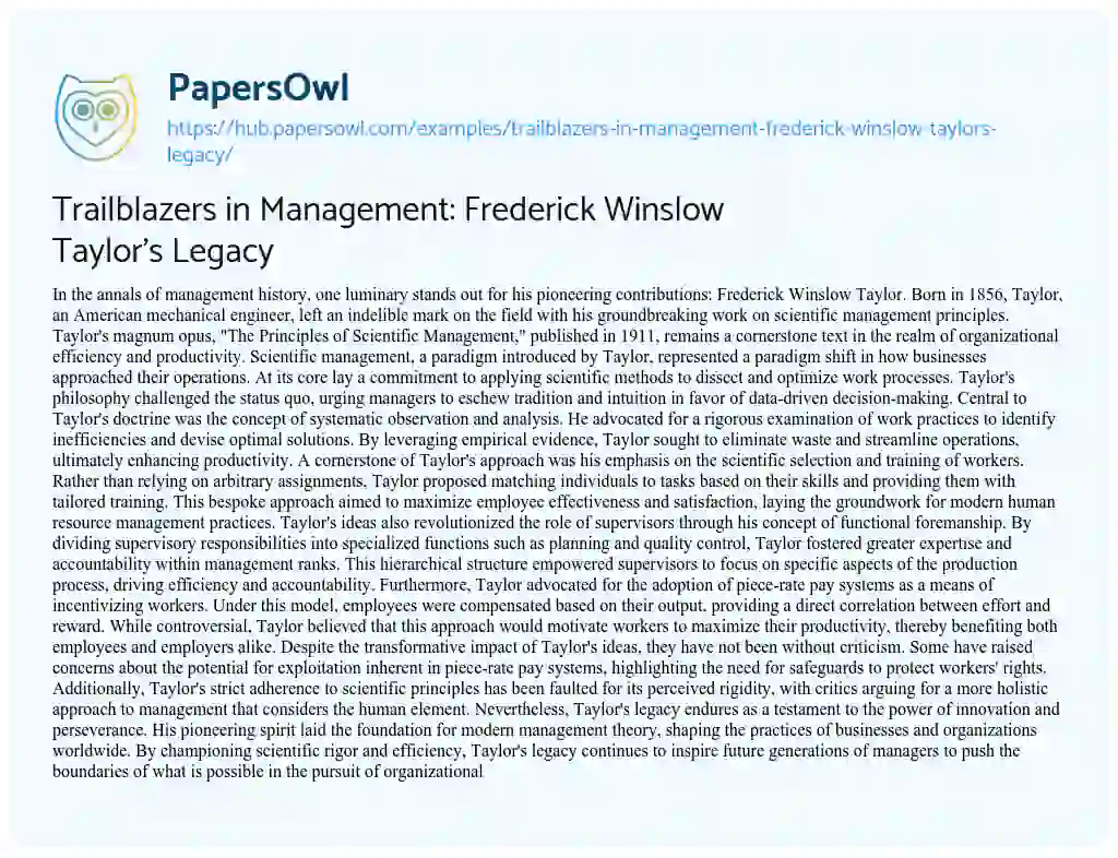 Essay on Trailblazers in Management: Frederick Winslow Taylor’s Legacy