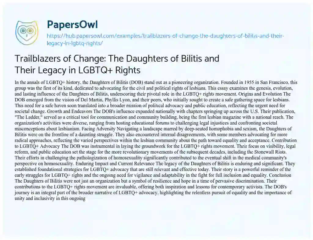 Essay on Trailblazers of Change: The Daughters of Bilitis and Their Legacy in LGBTQ+ Rights