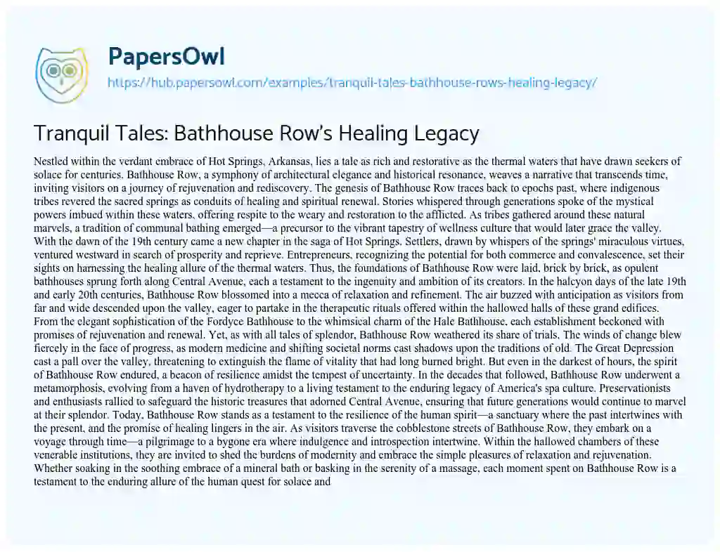 Essay on Tranquil Tales: Bathhouse Row’s Healing Legacy