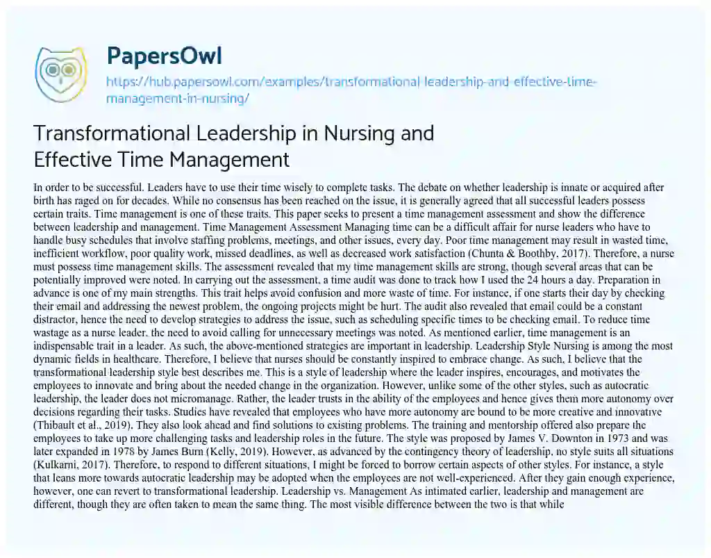 Essay on Transformational Leadership in Nursing and Effective Time Management
