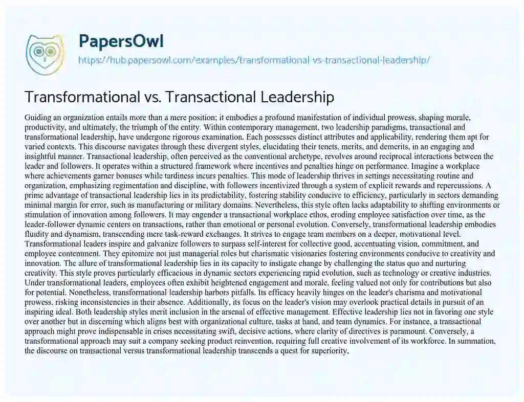 Essay on Transformational vs. Transactional Leadership