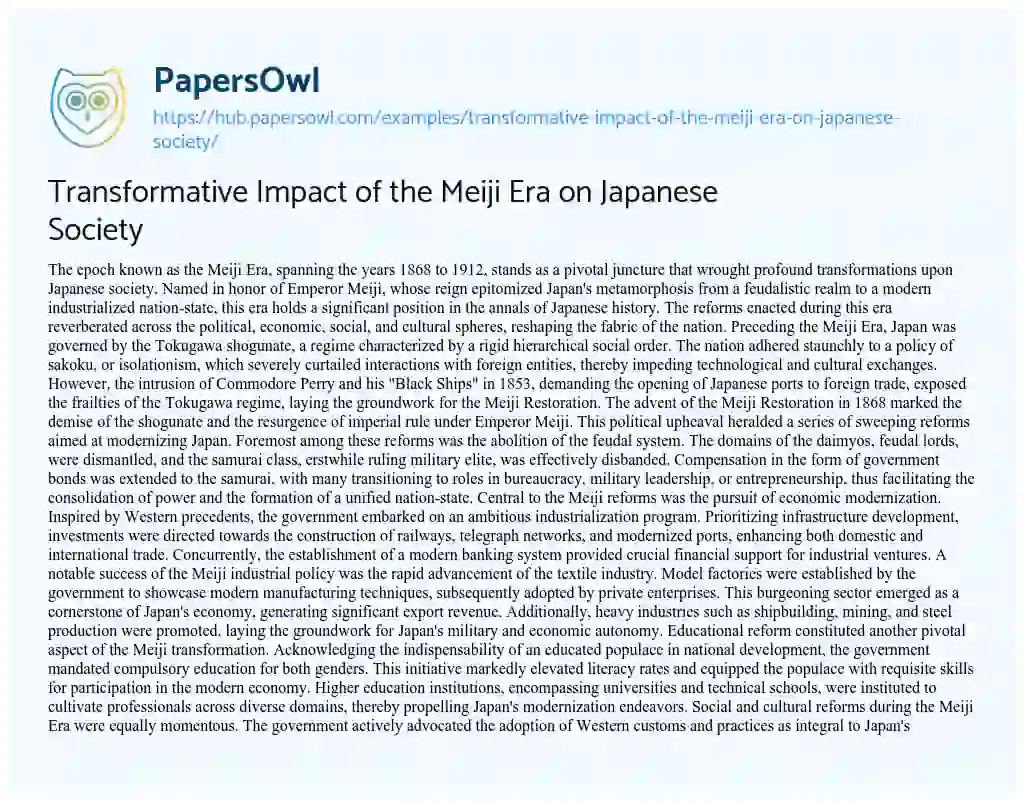 Essay on Transformative Impact of the Meiji Era on Japanese Society