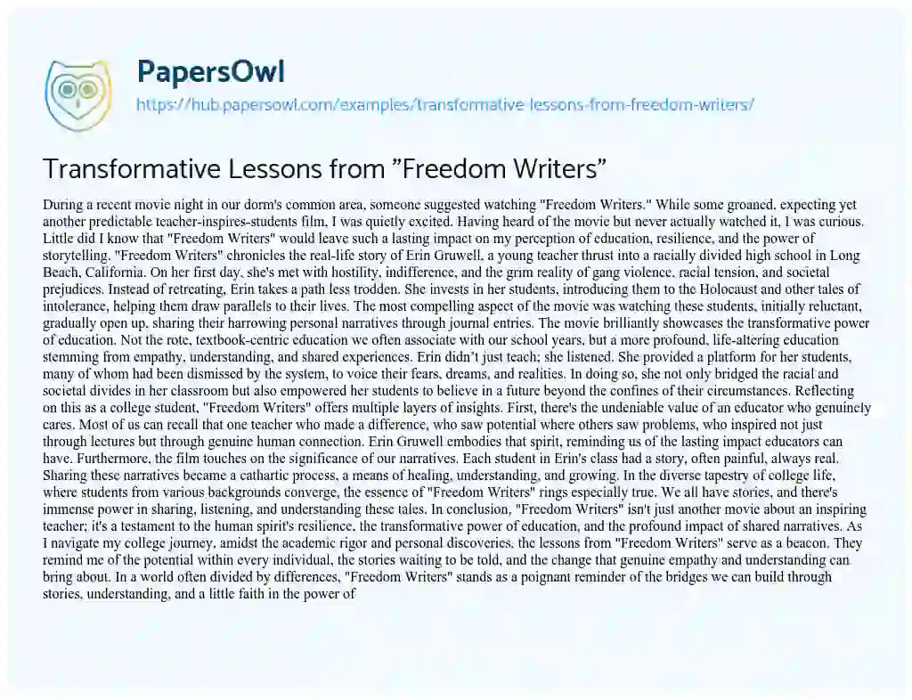 Essay on Transformative Lessons from “Freedom Writers”