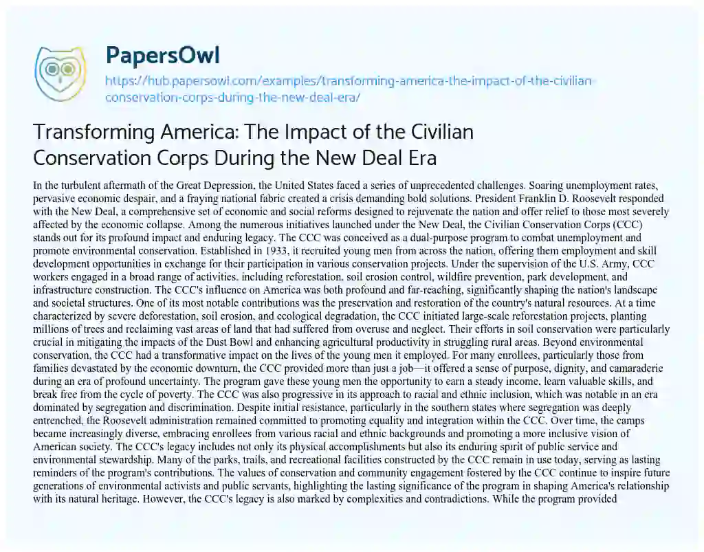 Essay on Transforming America: The Impact of the Civilian Conservation Corps During the New Deal Era