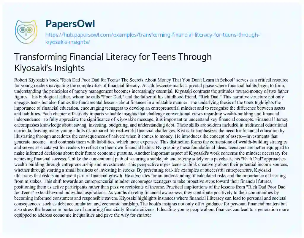 Essay on Transforming Financial Literacy for Teens Through Kiyosaki’s Insights