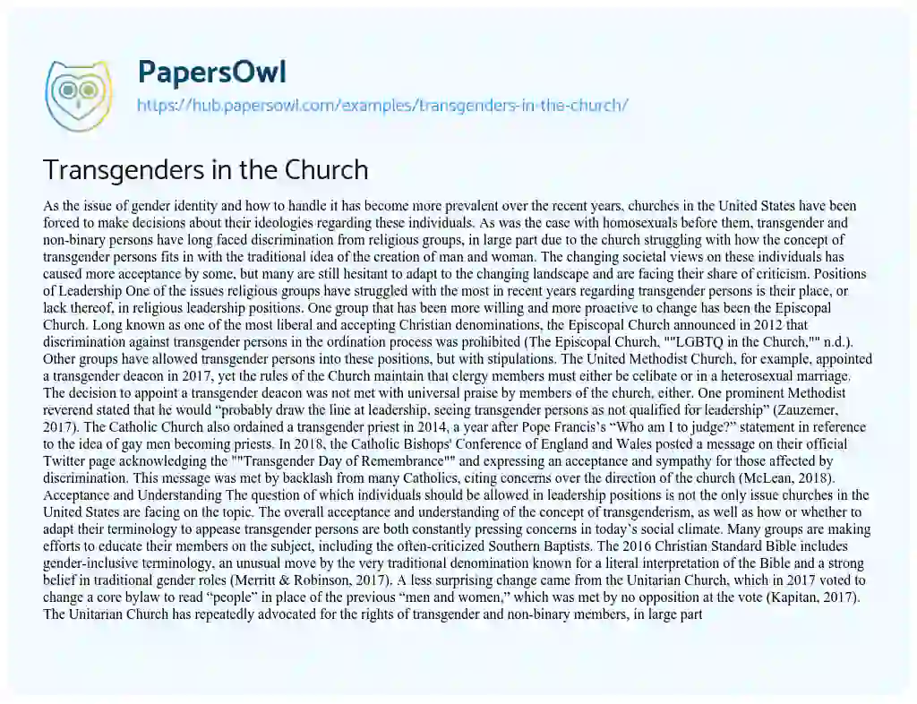 Essay on Transgenders in the Church