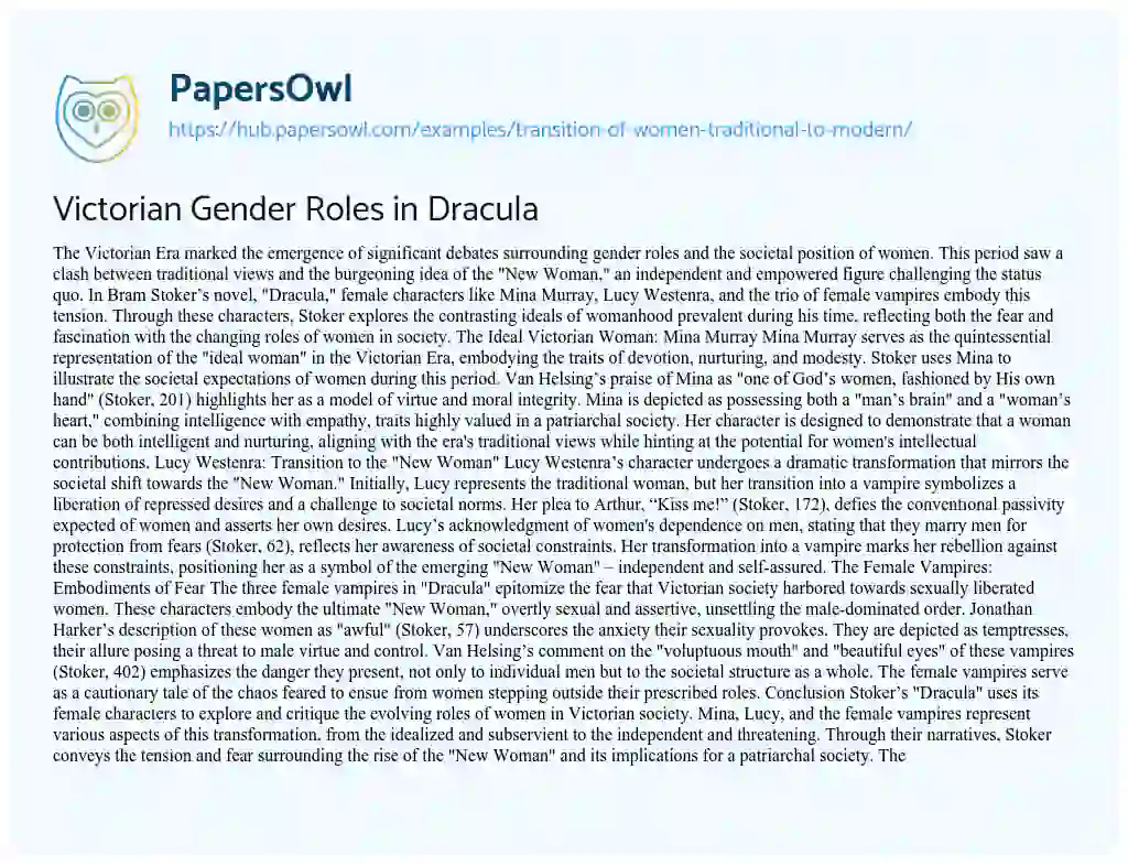 Essay on Victorian Gender Roles in Dracula