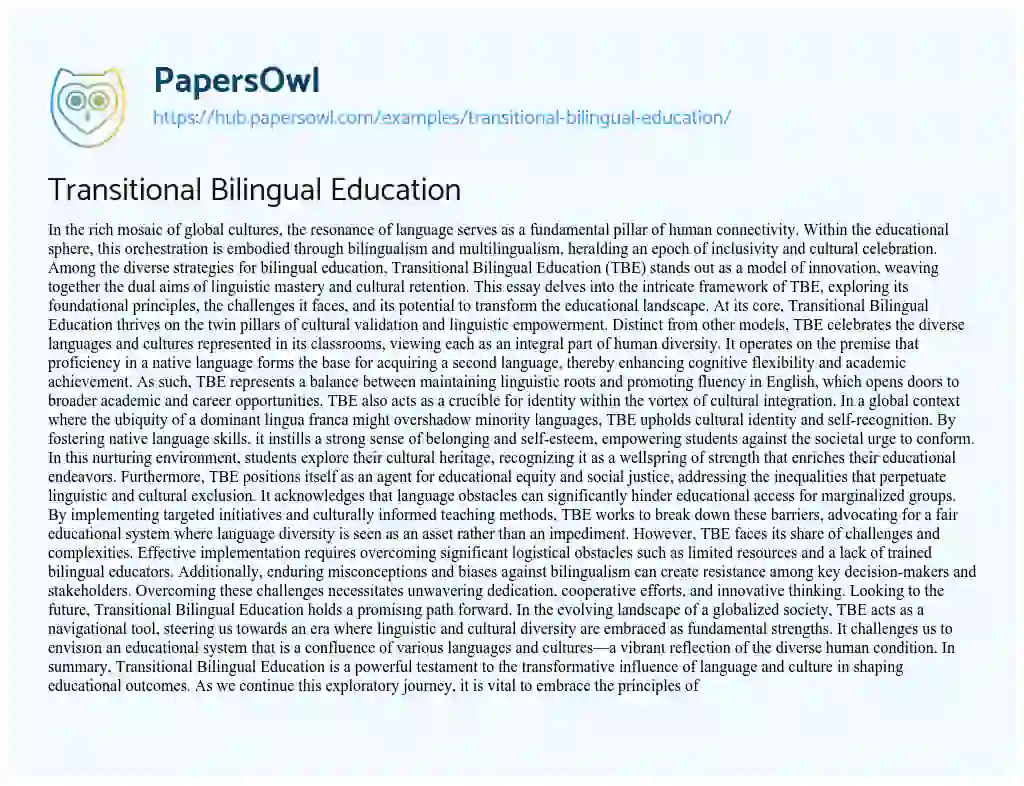 Essay on Transitional Bilingual Education