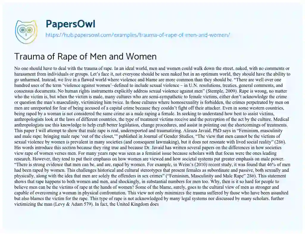 Essay on Trauma of Rape of Men and Women