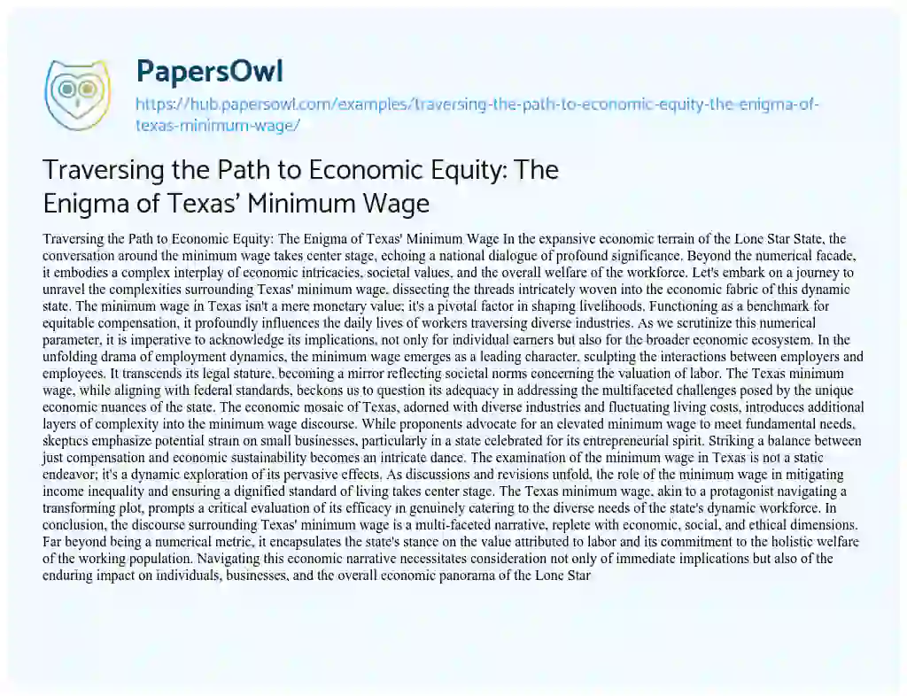 Essay on Traversing the Path to Economic Equity: The Enigma of Texas’ Minimum Wage