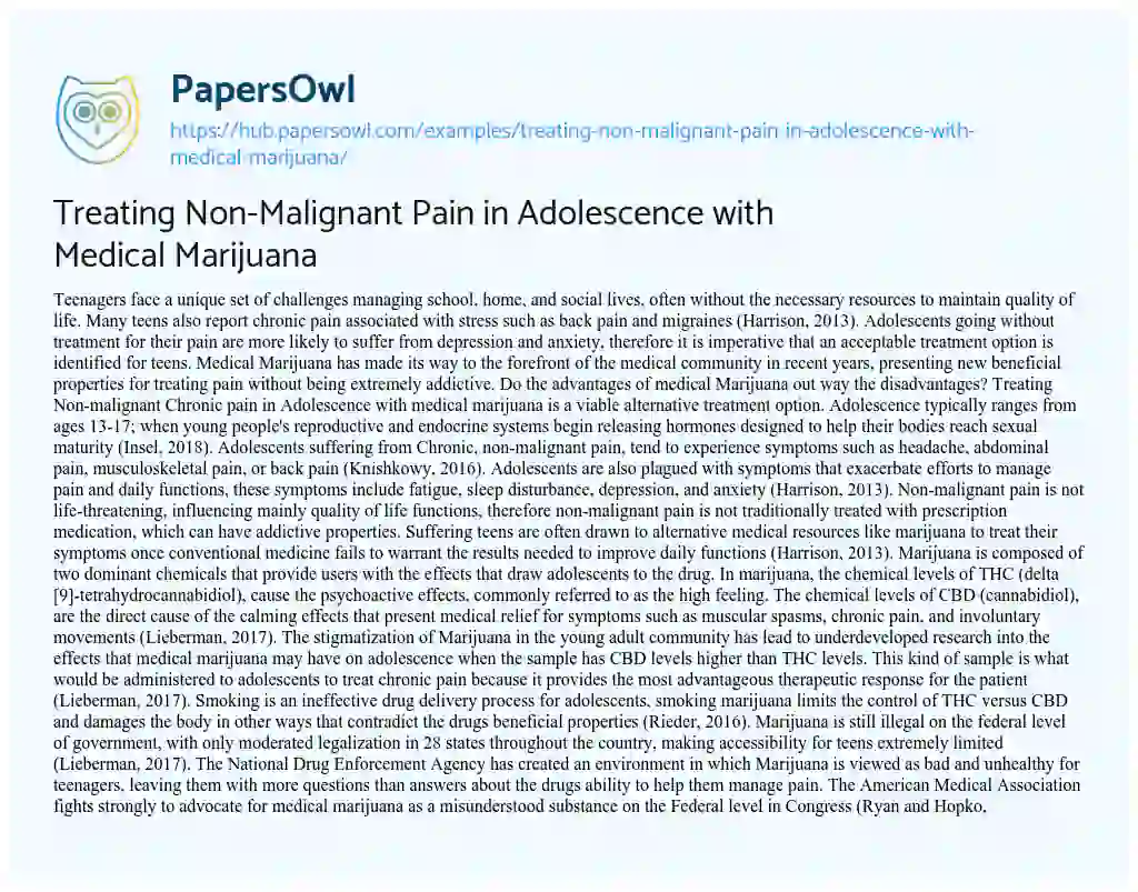 Essay on Treating Non-Malignant Pain in Adolescence with Medical Marijuana