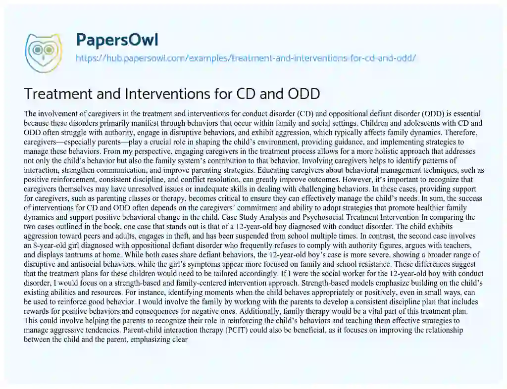 Essay on Treatment and Interventions for CD and ODD