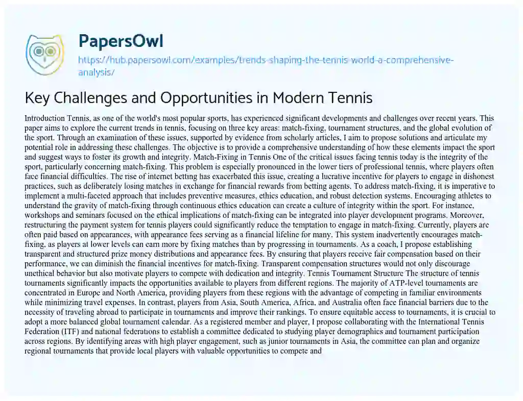 Essay on Key Challenges and Opportunities in Modern Tennis