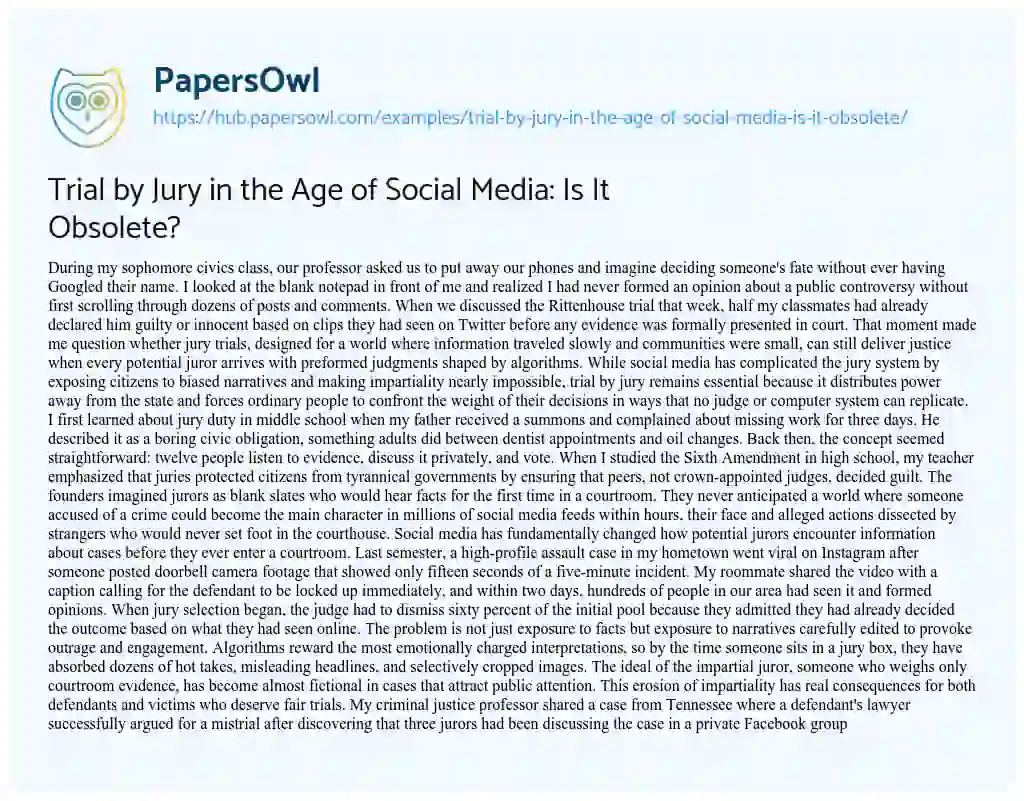Essay on Trial by Jury in the Age of Social Media: Is It Obsolete?