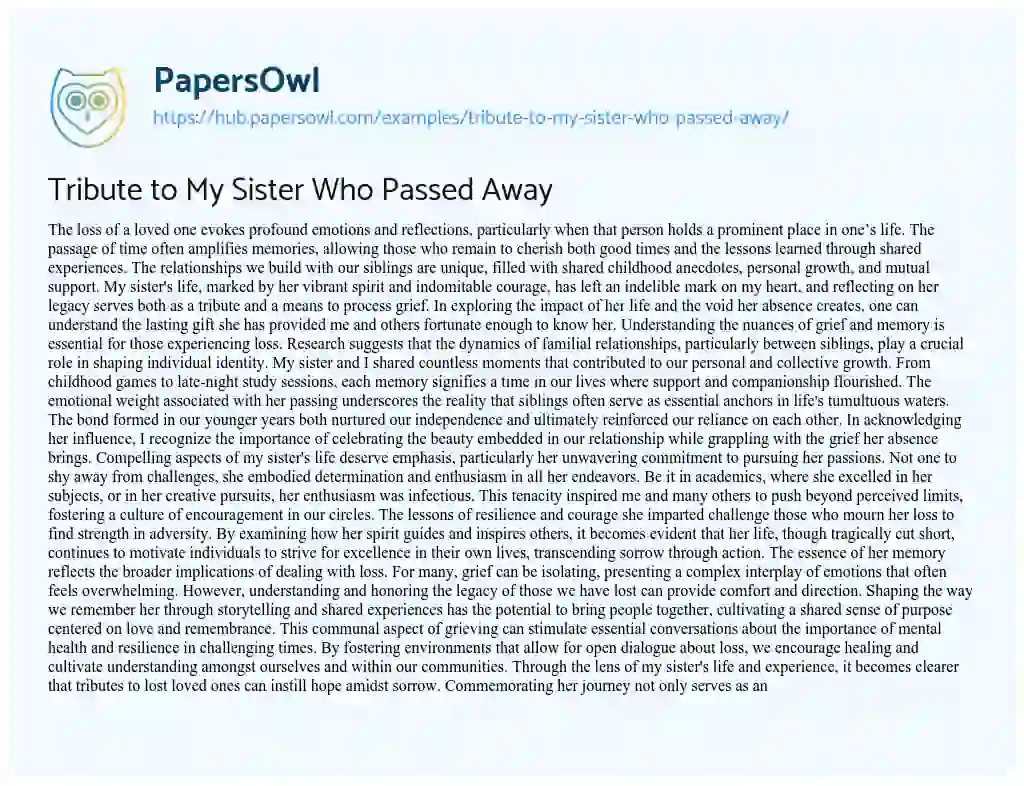 Essay on Tribute to My Sister Who Passed Away