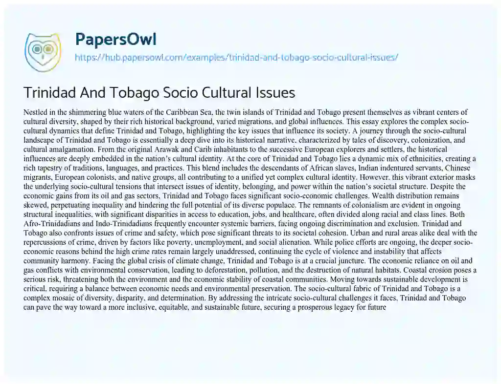 Essay on Trinidad And Tobago Socio Cultural Issues