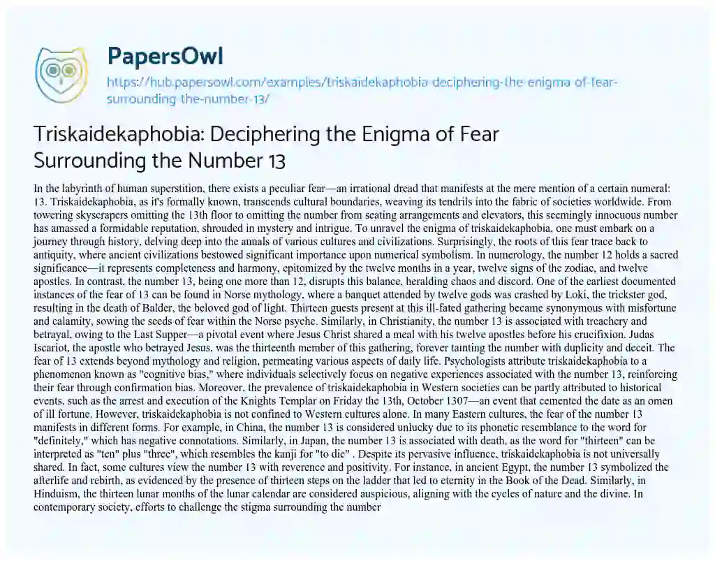 Essay on Triskaidekaphobia: Deciphering the Enigma of Fear Surrounding the Number 13