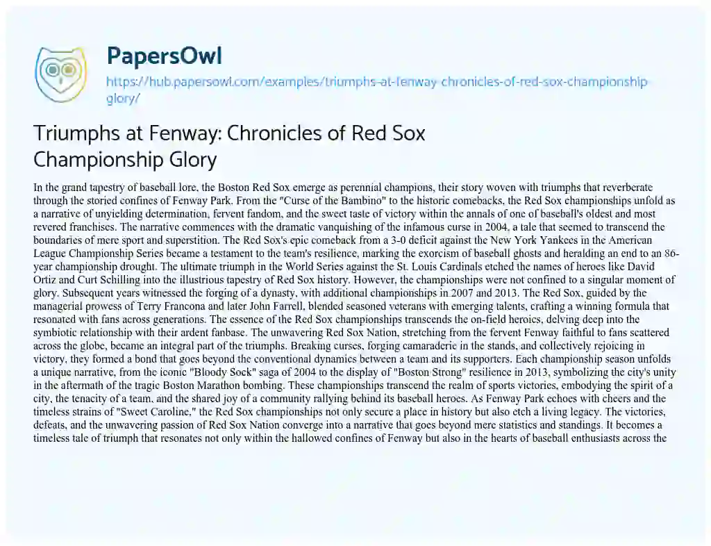 Essay on Triumphs at Fenway: Chronicles of Red Sox Championship Glory