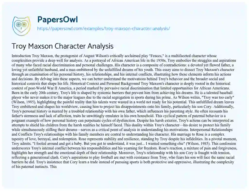 Essay on Troy Maxson Character Analysis