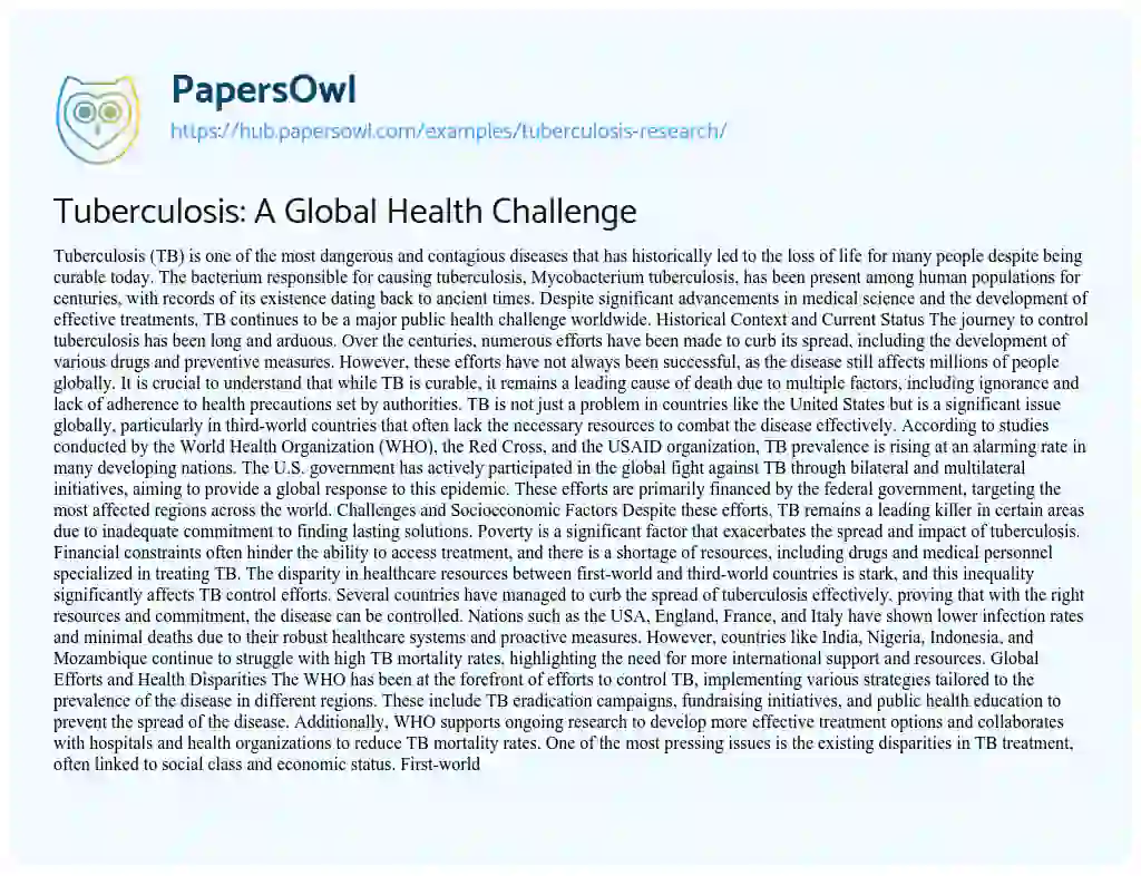 Essay on Tuberculosis: A Global Health Challenge
