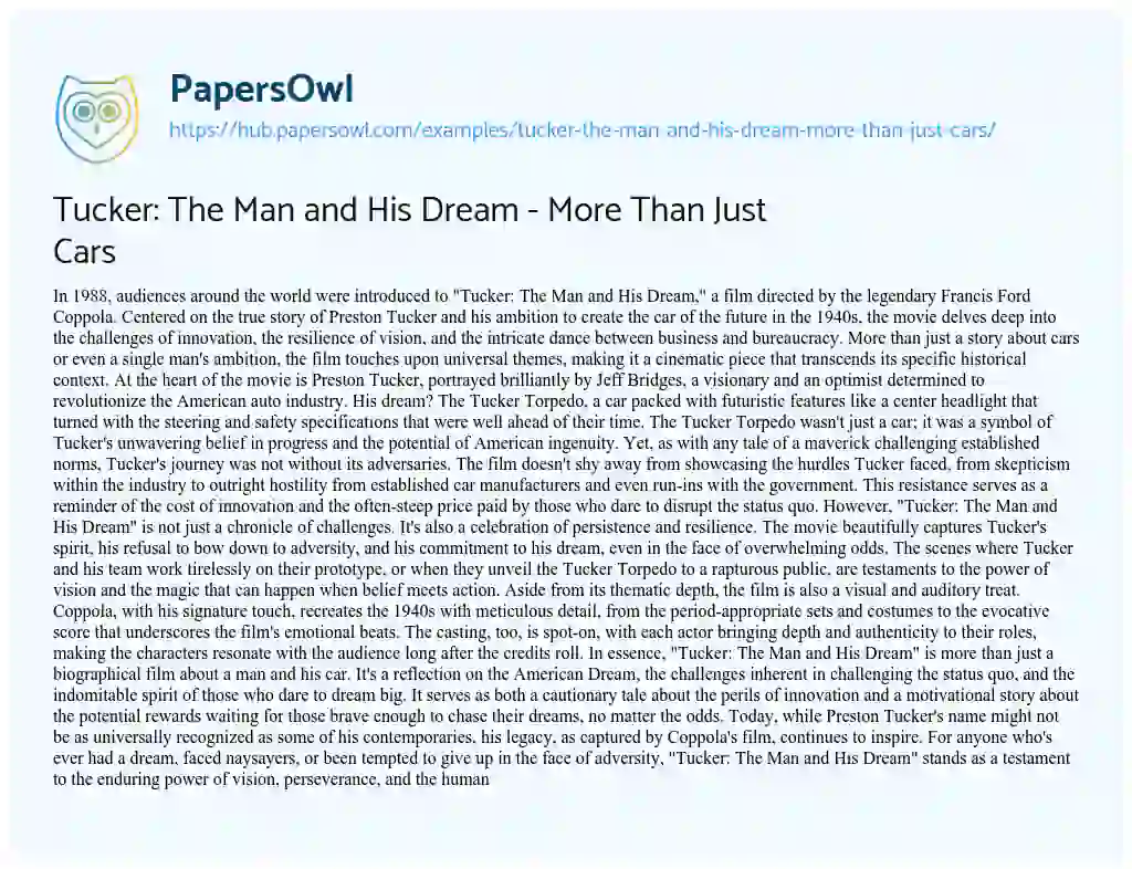 Essay on Tucker: The Man and His Dream – More Than Just Cars