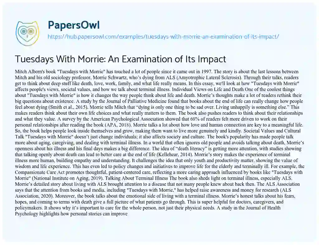 Essay on Tuesdays With Morrie: An Examination of Its Impact