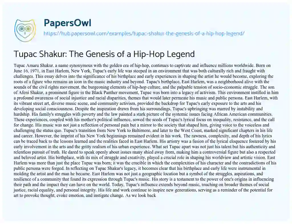 Essay on Tupac Shakur: The Genesis of a Hip-Hop Legend