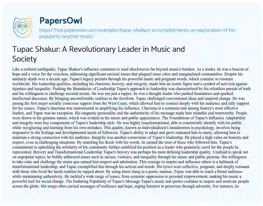 Essay on Tupac Shakur: A Revolutionary Leader in Music and Society
