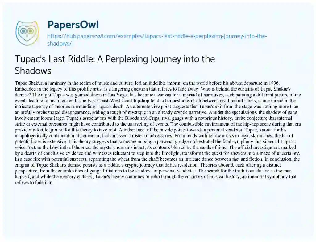 Essay on Tupac’s Last Riddle: A Perplexing Journey into the Shadows