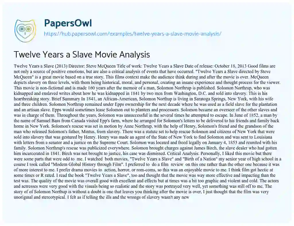 Essay on Twelve Years a Slave Movie Analysis