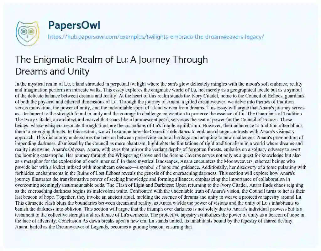 Essay on The Enigmatic Realm of Lu: A Journey Through Dreams and Unity