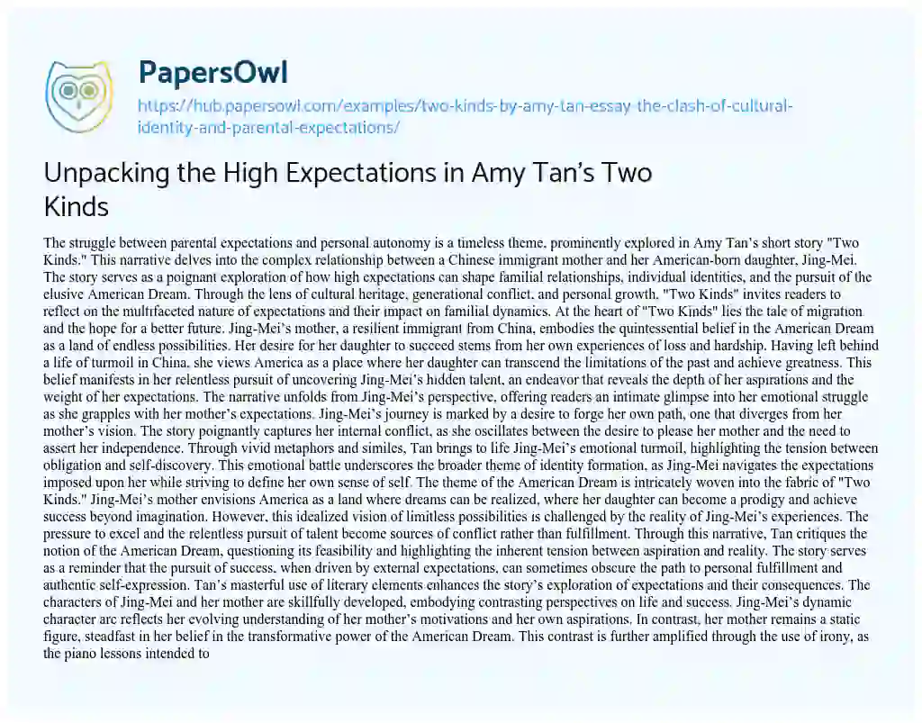Essay on Unpacking the High Expectations in Amy Tan’s Two Kinds