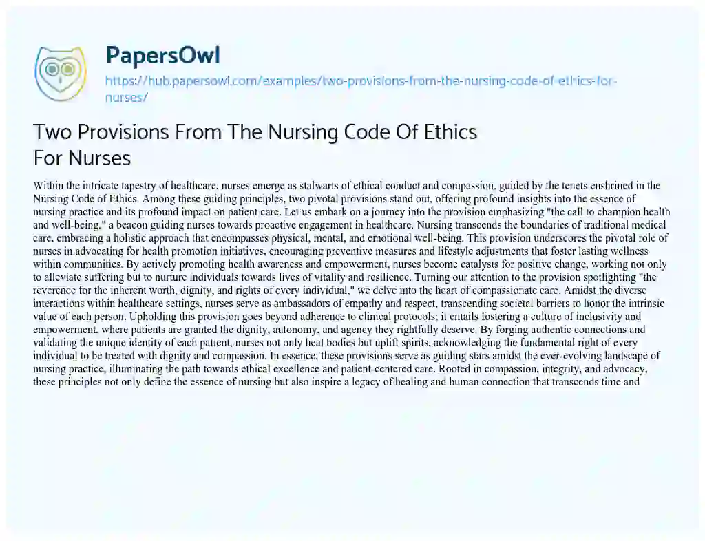 Essay on Two Provisions From The Nursing Code Of Ethics For Nurses