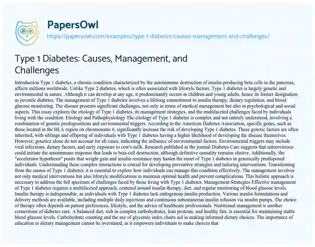Essay on Type 1 Diabetes: Causes, Management, and Challenges