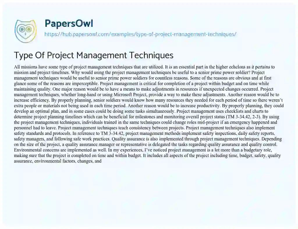 Essay on Type Of Project Management Techniques