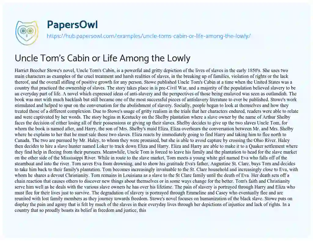 Essay on Uncle Tom’s Cabin or Life Among the Lowly