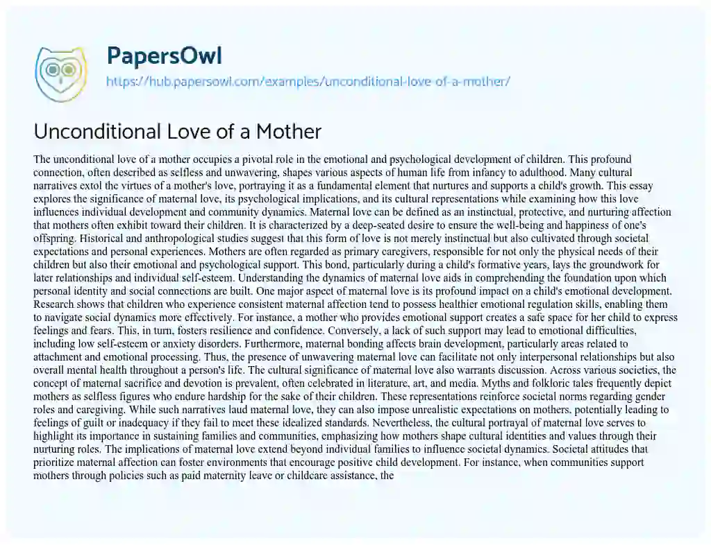 Essay on Unconditional Love of a Mother