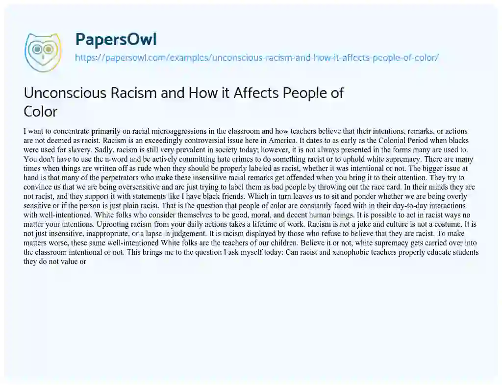 Essay on Unconscious Racism and How it Affects People of Color