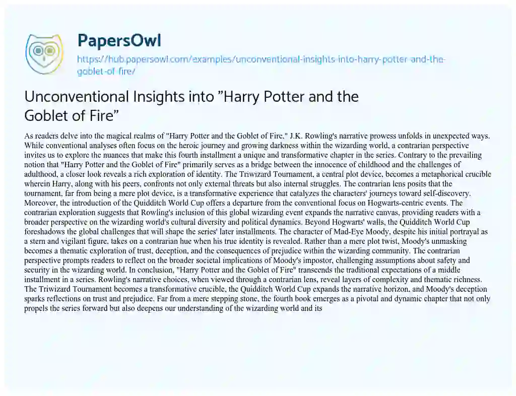 Essay on Unconventional Insights into “Harry Potter and the Goblet of Fire”