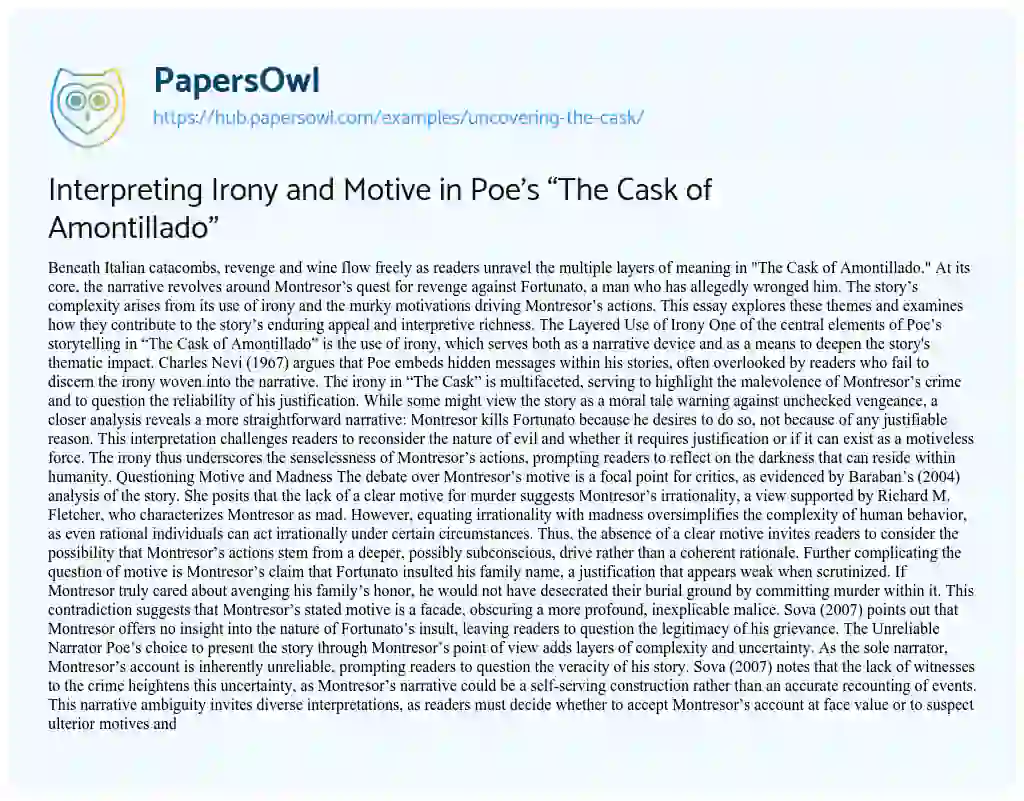 Essay on Interpreting Irony and Motive in Poe’s “The Cask of Amontillado”