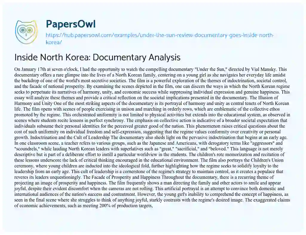 Essay on Inside North Korea: Documentary Analysis
