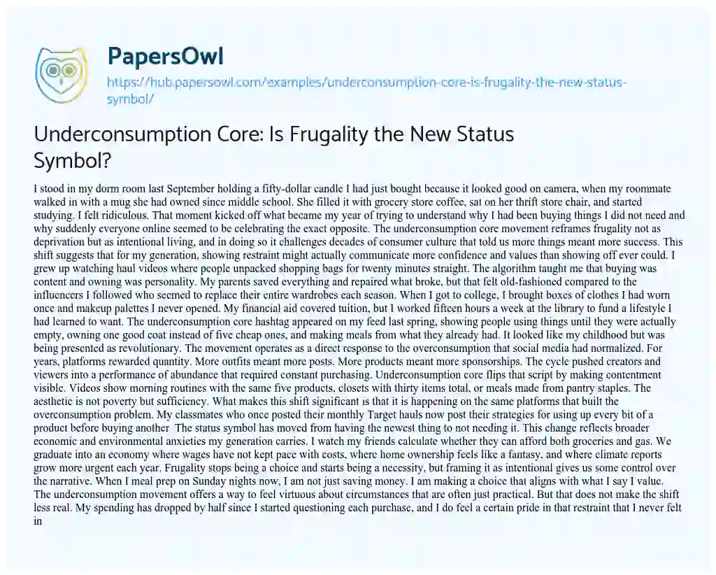 Essay on Underconsumption Core: Is Frugality the New Status Symbol?