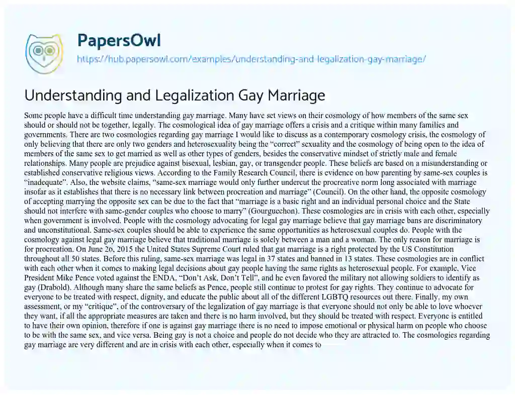 Essay on Understanding and Legalization Gay Marriage