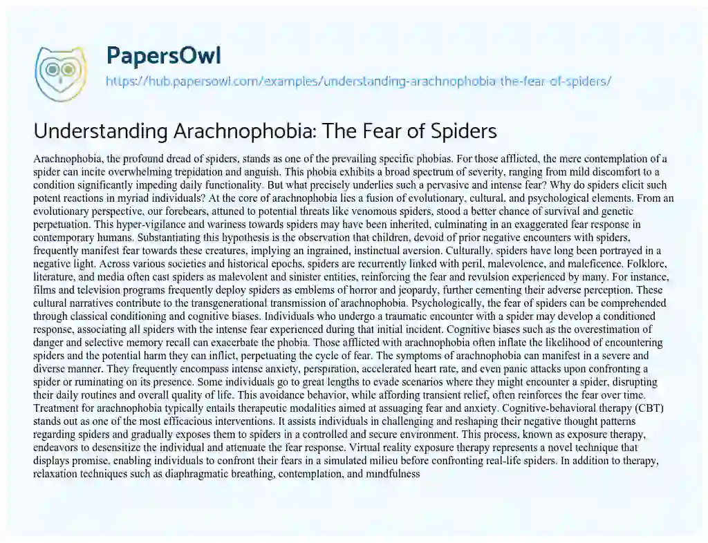 Essay on Understanding Arachnophobia: The Fear of Spiders
