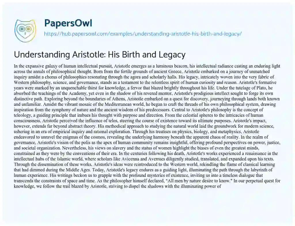 Essay on Understanding Aristotle: His Birth and Legacy