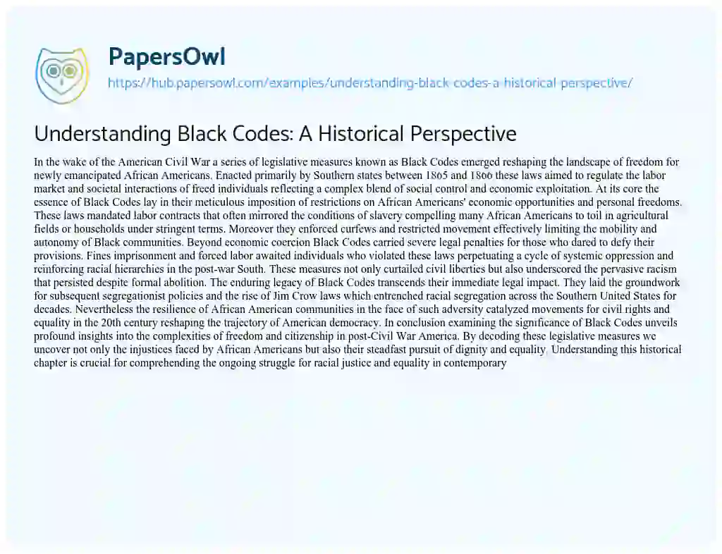 Essay on Understanding Black Codes: A Historical Perspective