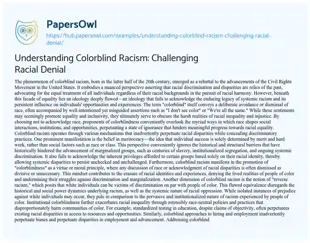 Essay on Understanding Colorblind Racism: Challenging Racial Denial