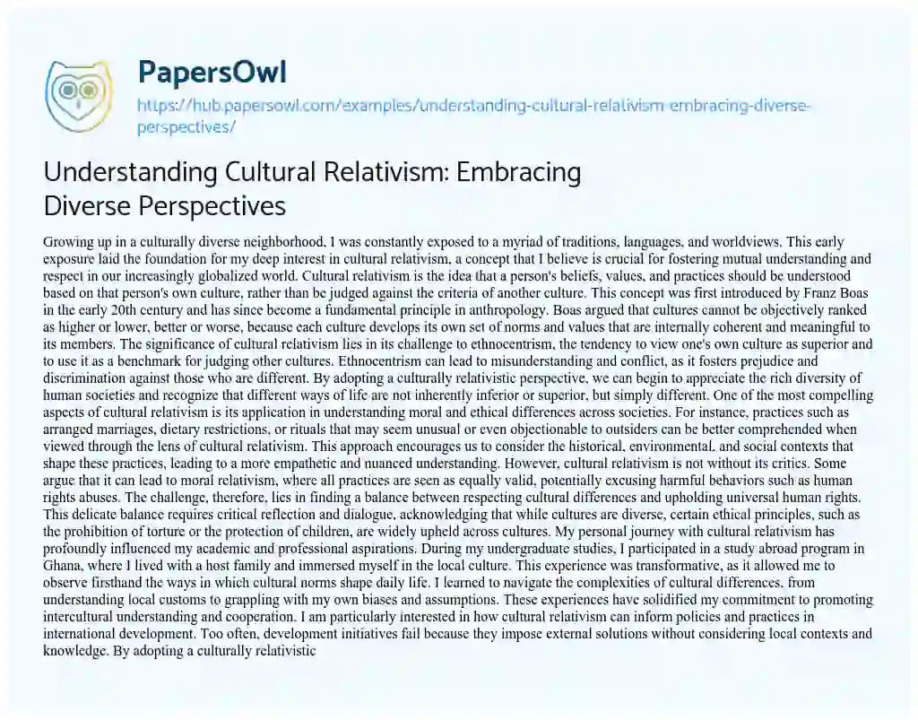 Essay on Understanding Cultural Relativism: Embracing Diverse Perspectives