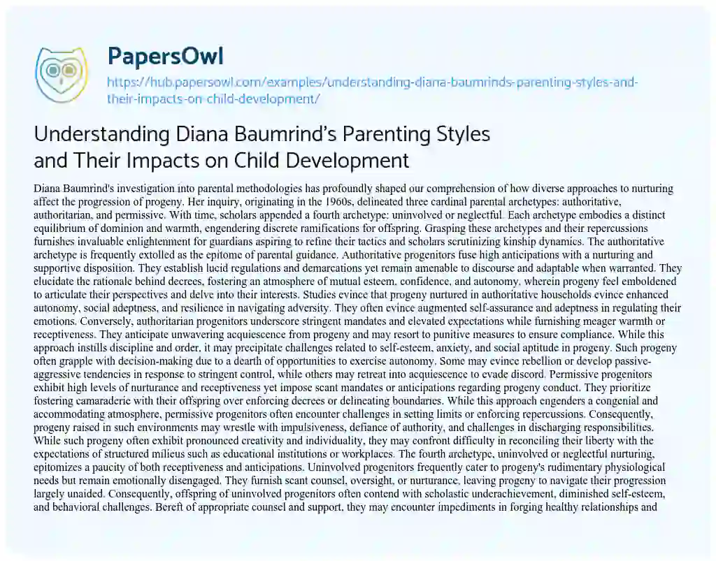 Essay on Understanding Diana Baumrind’s Parenting Styles and Their Impacts on Child Development