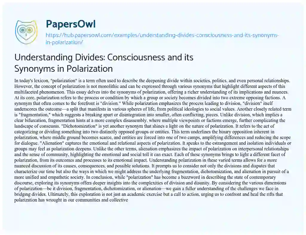 Essay on Understanding Divides: Consciousness and its Synonyms in Polarization